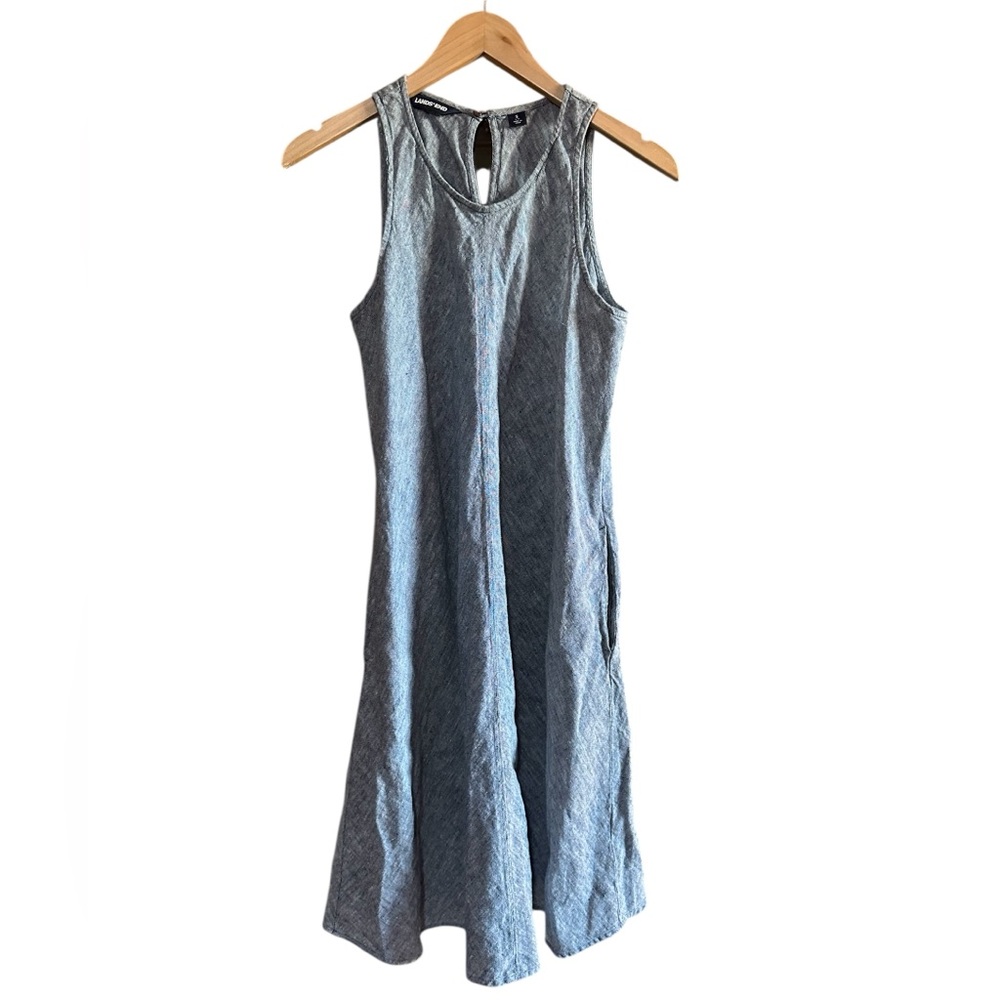 Linen Lands End Sleeveless Midi A-line Swing Dress | Blue | Size S